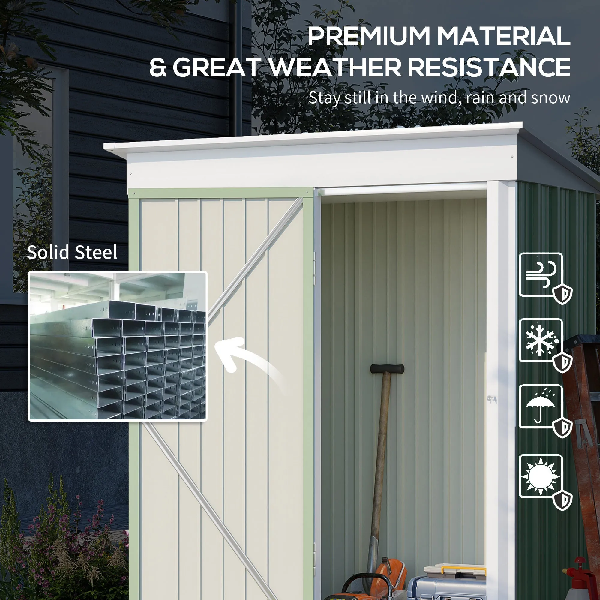 5'x3'x6' Metal Garden Shed Roofed Lean-to Shed for Tool Motor Bike with Adjustable Shelf Lock Gloves Green