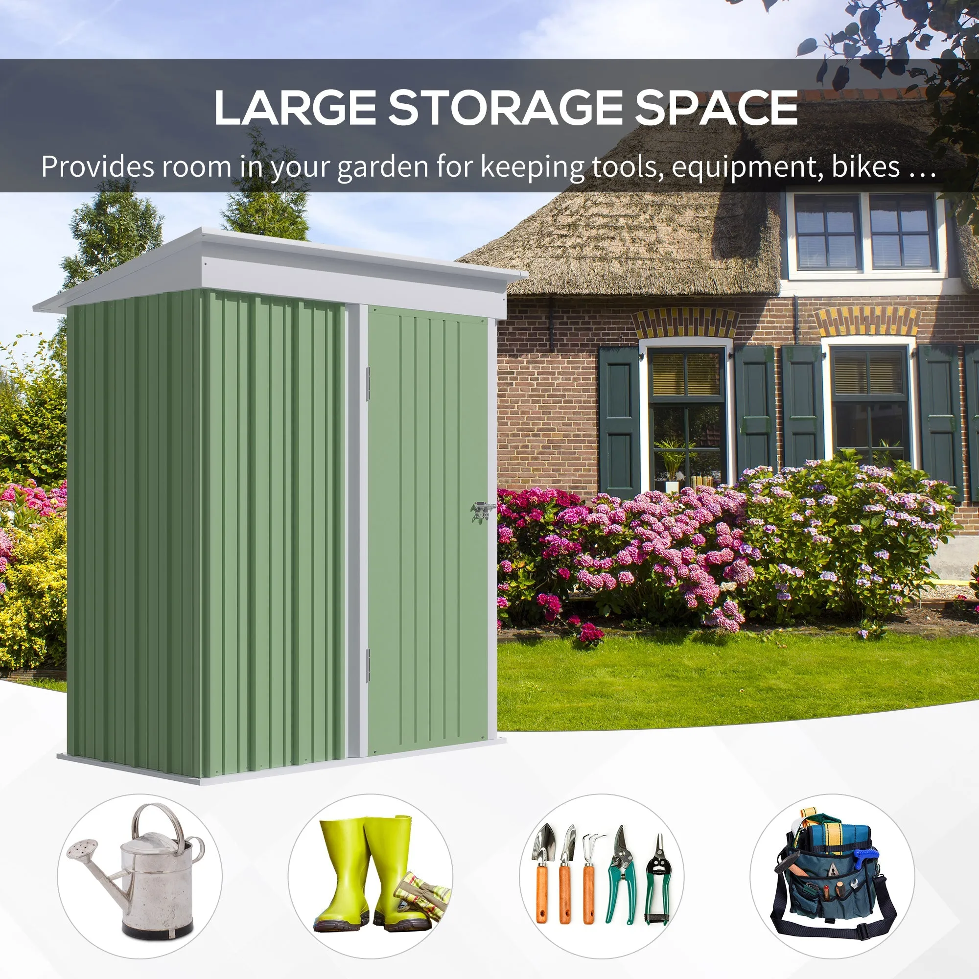 5'x3'x6' Metal Garden Shed Roofed Lean-to Shed for Tool Motor Bike with Adjustable Shelf Lock Gloves Green