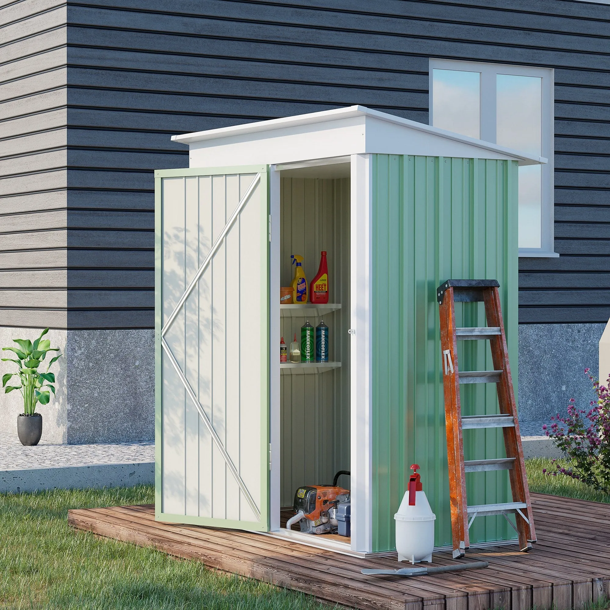 5'x3'x6' Metal Garden Shed Roofed Lean-to Shed for Tool Motor Bike with Adjustable Shelf Lock Gloves Green