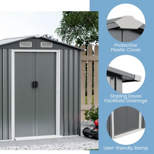 6 x 4 Feet Galvanized Steel Storage Shed with Lockable Sliding Doors-Gray