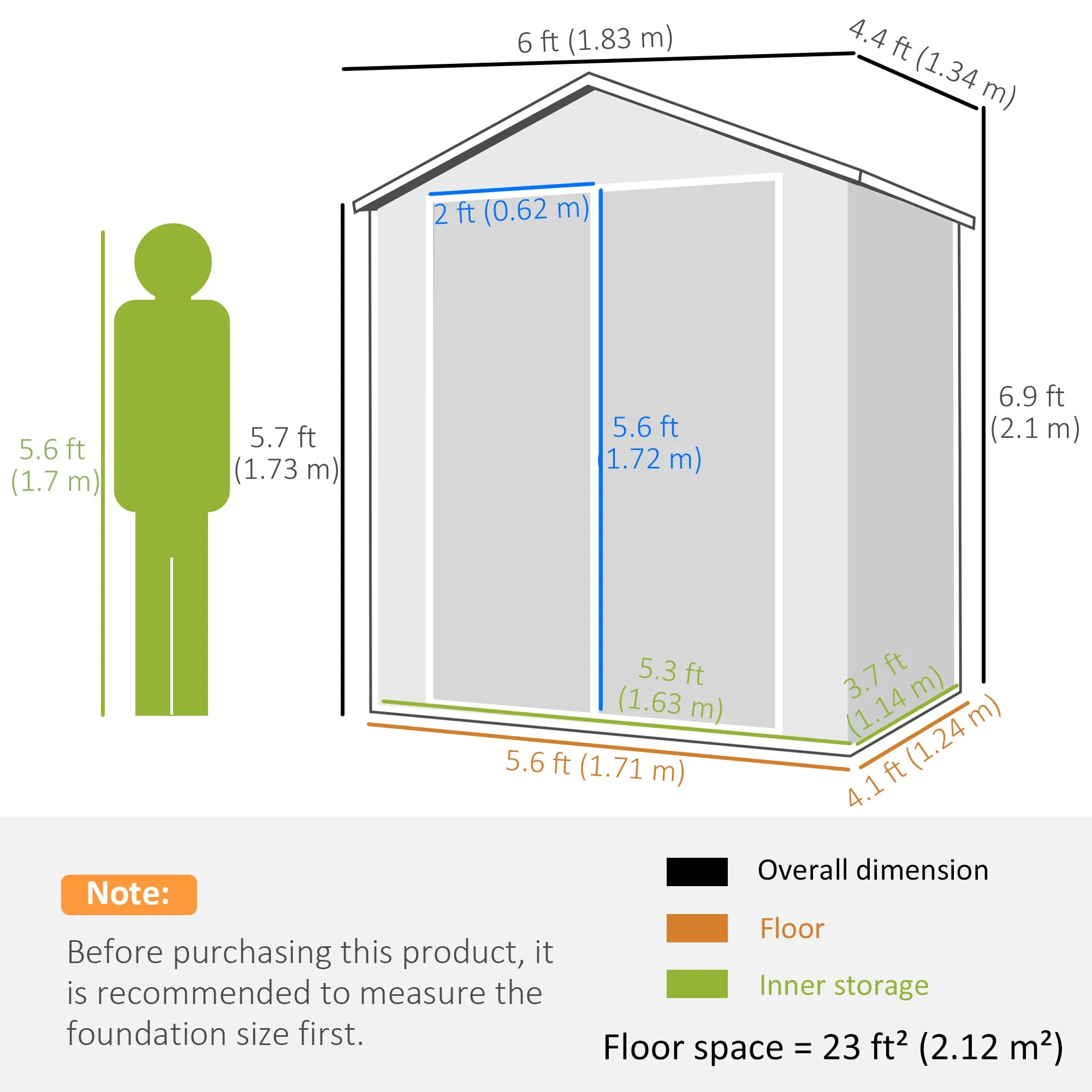 6'x4.5' Garden Storage Shed, Lockable Garden Shed with Double Doors, Window, Vent and Plastic Roof, Grey
