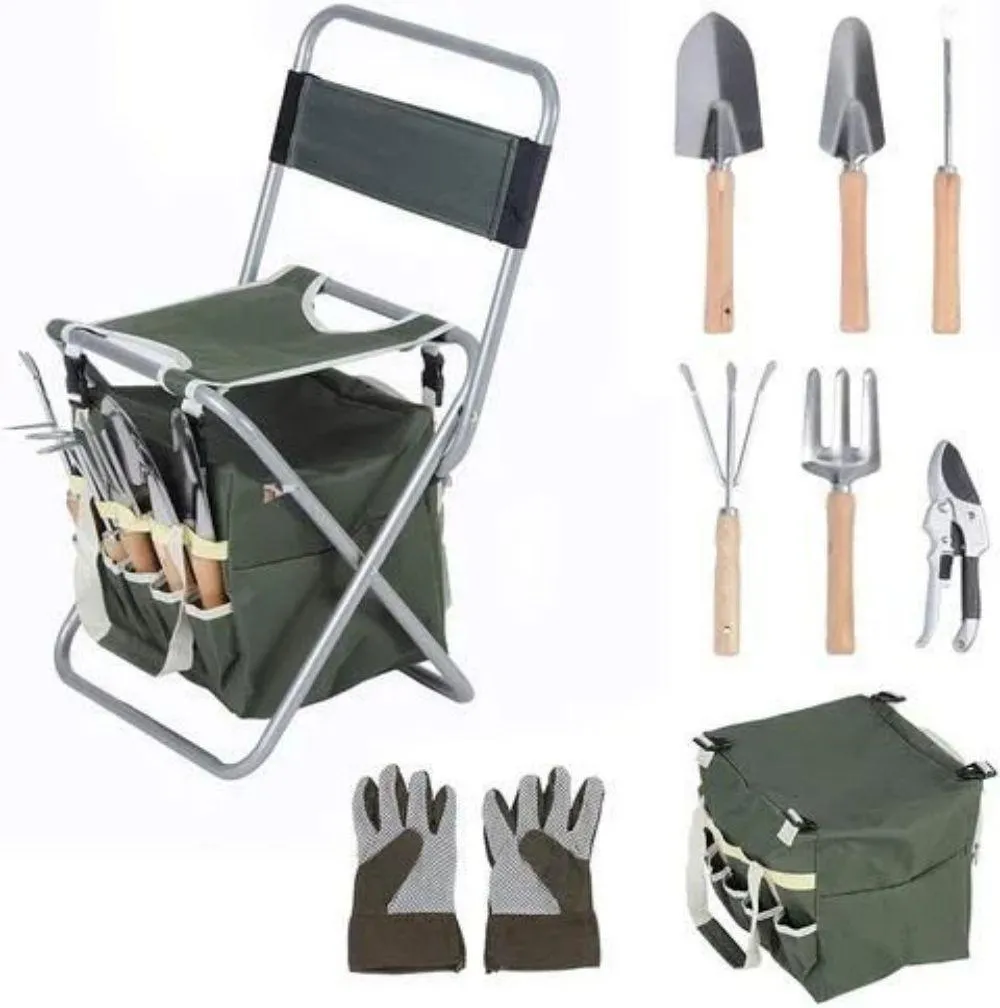 9 PCS Garden Tools Set Ernomic Wooden Handle Sturdy Stool with Detachable Tool Kit