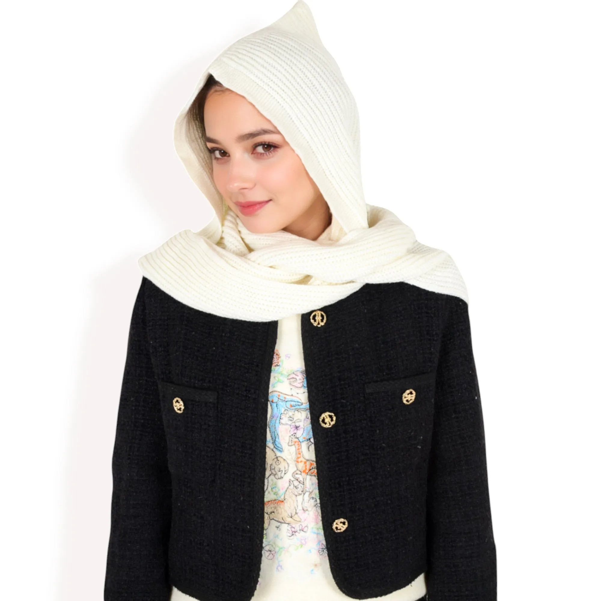 Anna-Kaci Women's Knitted Hooded Scarf with Versatile Design and Warm Ribbed Texture for Stylish Comfort and Winter Protection