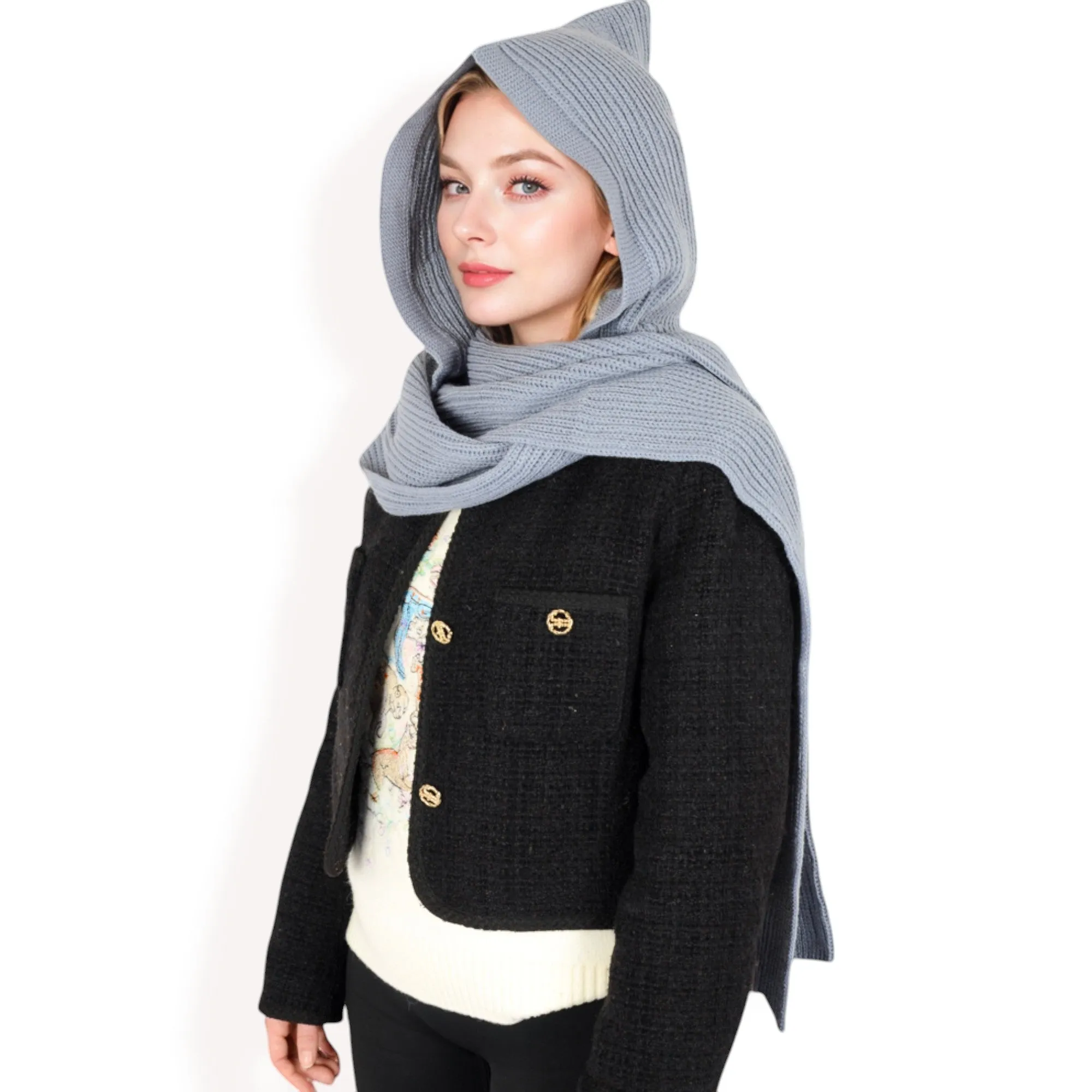 Anna-Kaci Women's Knitted Hooded Scarf with Versatile Design and Warm Ribbed Texture for Stylish Comfort and Winter Protection