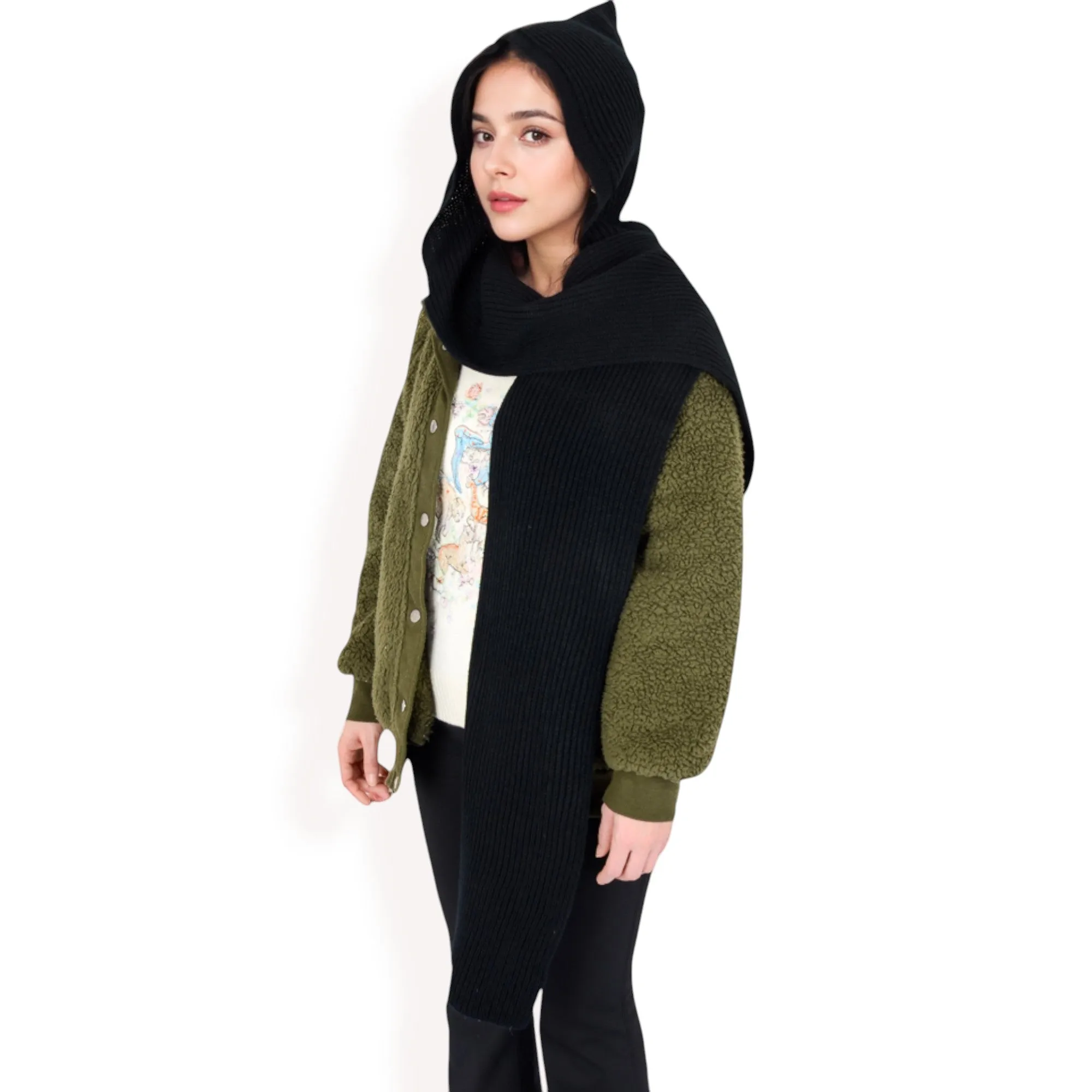Anna-Kaci Women's Knitted Hooded Scarf with Versatile Design and Warm Ribbed Texture for Stylish Comfort and Winter Protection