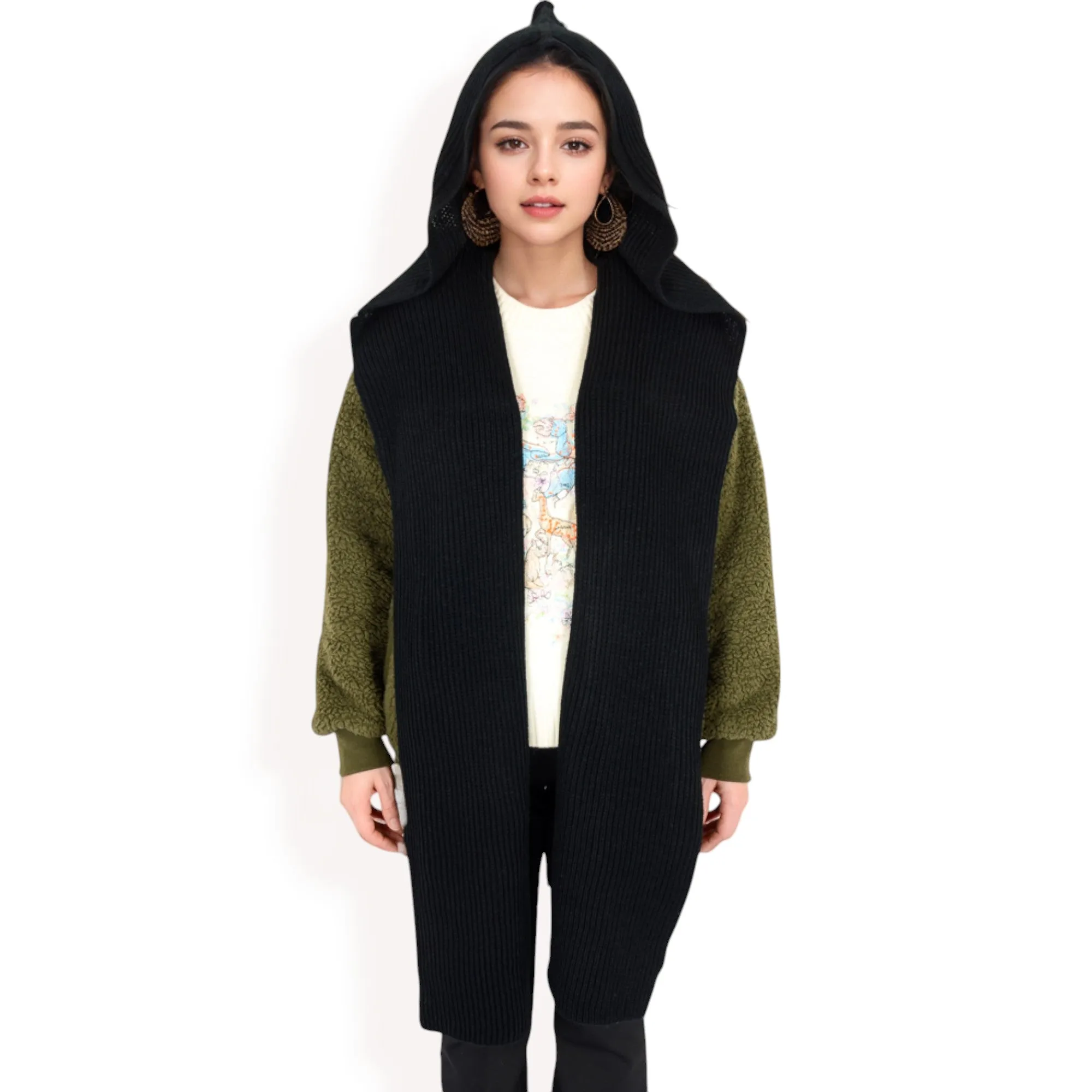 Anna-Kaci Women's Knitted Hooded Scarf with Versatile Design and Warm Ribbed Texture for Stylish Comfort and Winter Protection