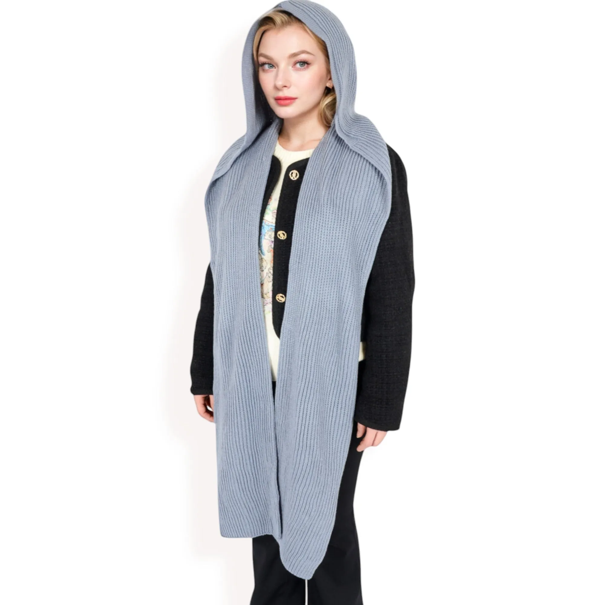 Anna-Kaci Women's Knitted Hooded Scarf with Versatile Design and Warm Ribbed Texture for Stylish Comfort and Winter Protection