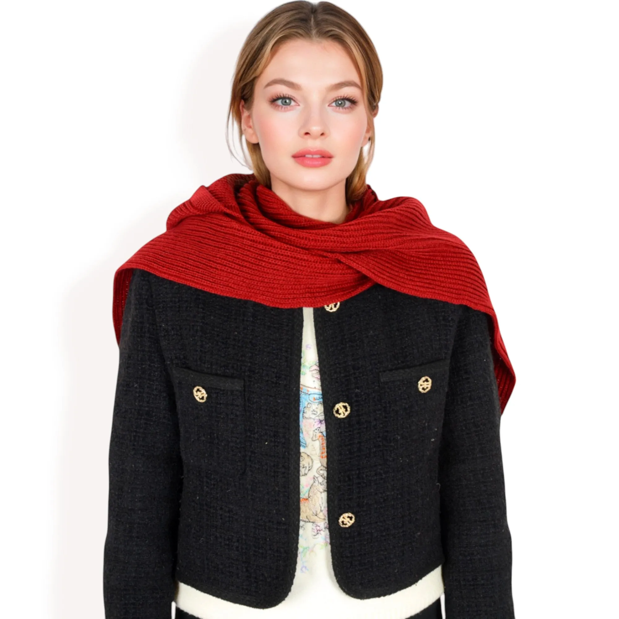 Anna-Kaci Women's Knitted Hooded Scarf with Versatile Design and Warm Ribbed Texture for Stylish Comfort and Winter Protection
