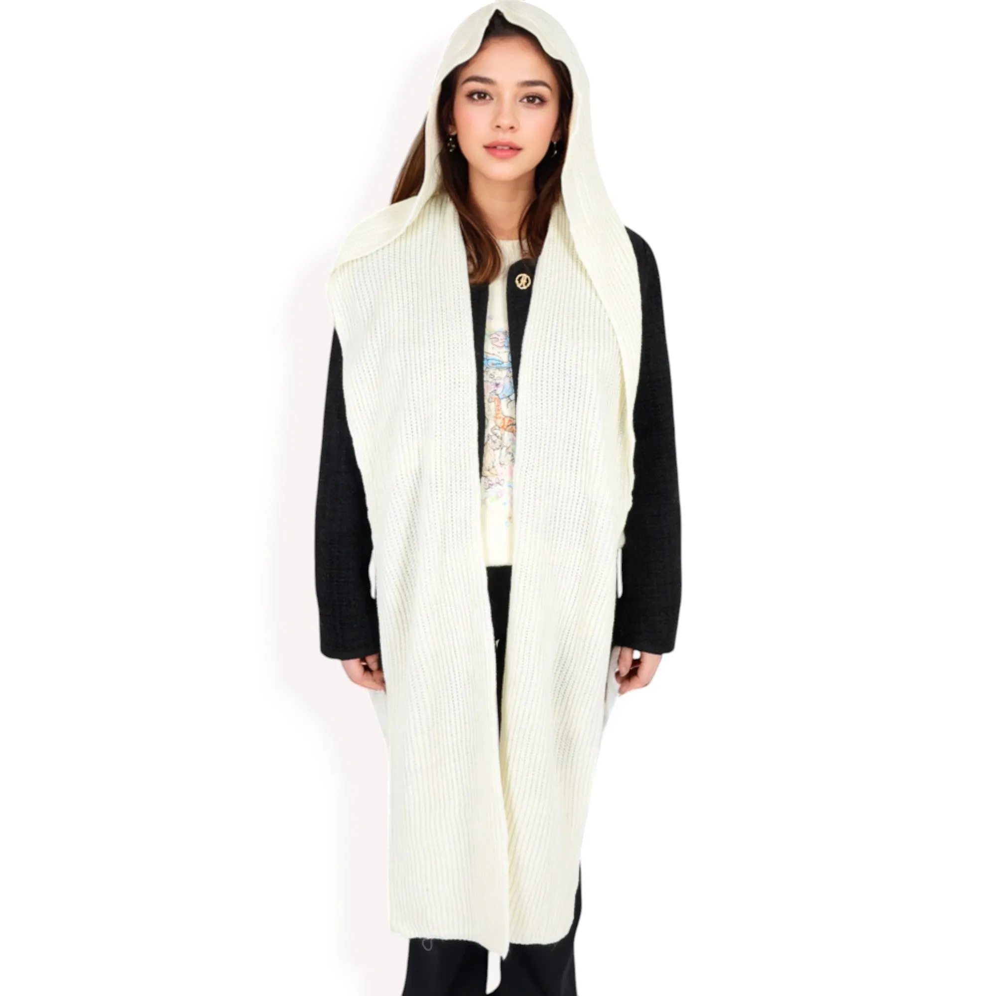 Anna-Kaci Women's Knitted Hooded Scarf with Versatile Design and Warm Ribbed Texture for Stylish Comfort and Winter Protection