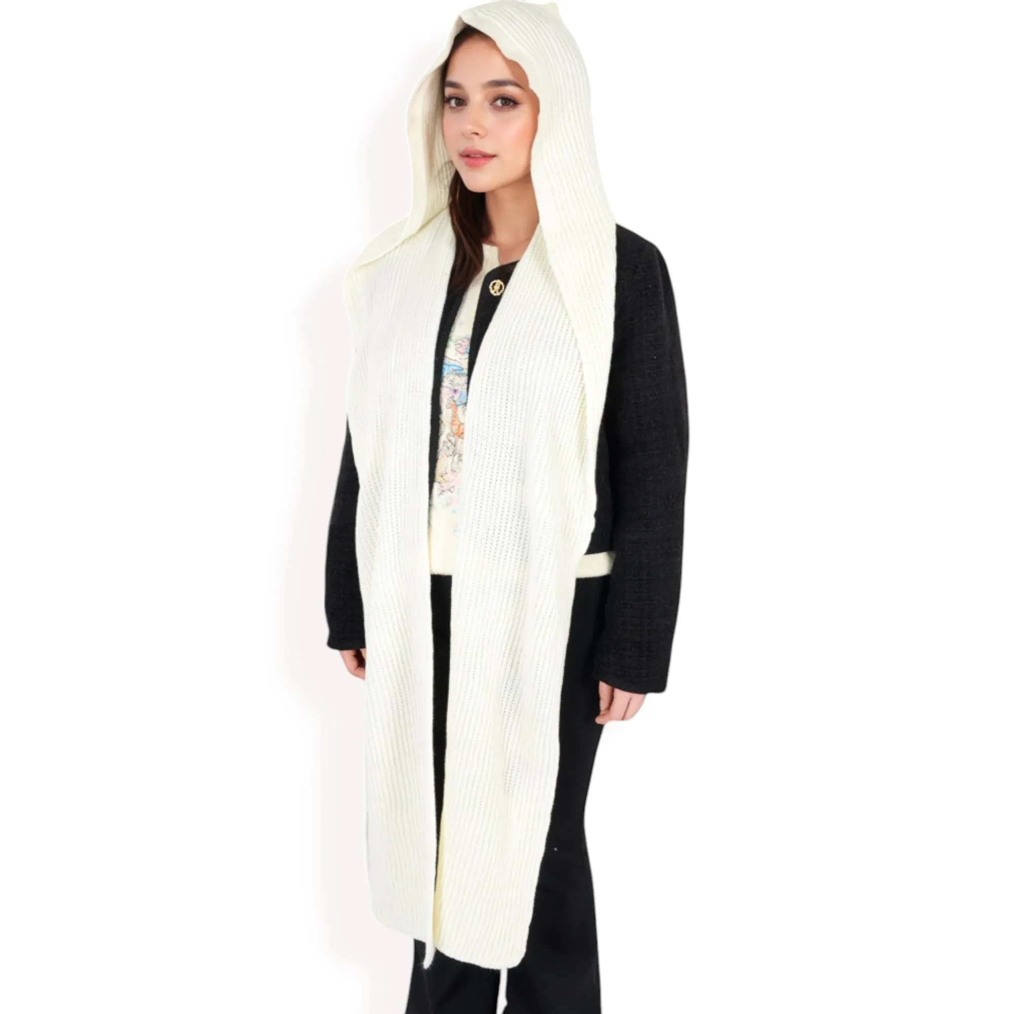 Anna-Kaci Women's Knitted Hooded Scarf with Versatile Design and Warm Ribbed Texture for Stylish Comfort and Winter Protection