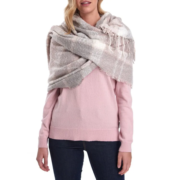 Barbour Ladies Tartan Boucle Scarf - Soft Pink/Grey
