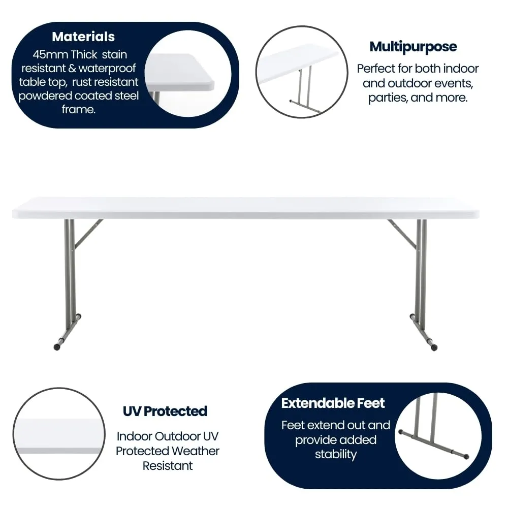BTExpert 8-Foot 96" long White Plastic Folding Seminar Training Table Portable 18" Wide narrow, 29" High Events indoor outdoor lightweight Stackable Lecture Party Conference Picnic Backyard Set of 10