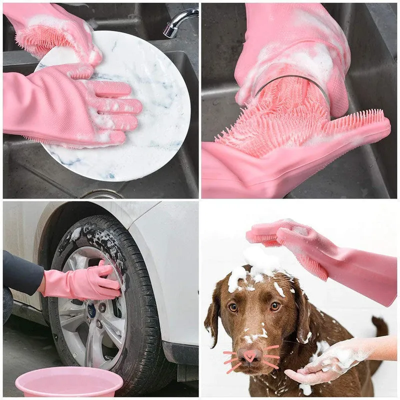 K Kudos Enterprise Multicolour Gloves Magic Silicone Dish Washing Gloves, Silicon Cleaning Gloves, Silicon Hand Gloves For Kitchen Dishwashing And Pet Grooming, Great For Washing Dish, Car, Bathroom Multicolour