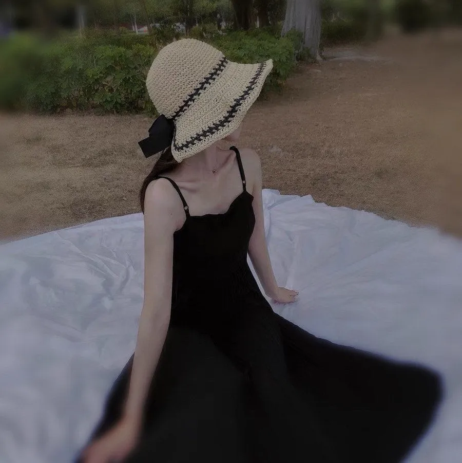 Oversized Summer Straw Hat with Bow Tie