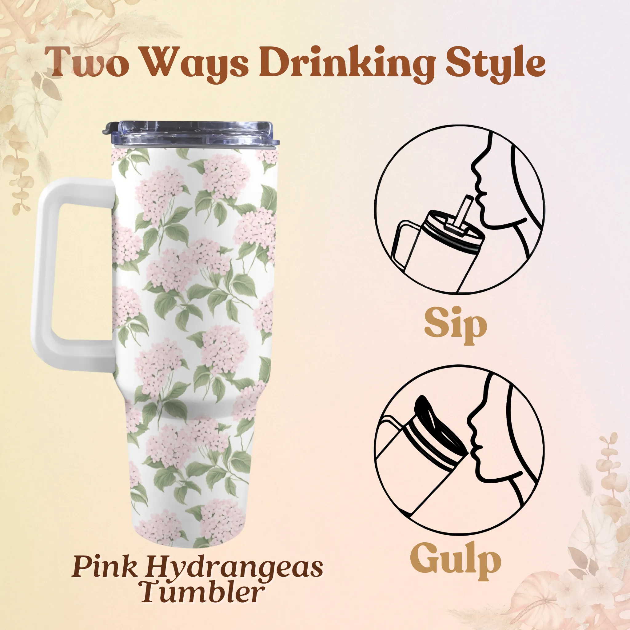 Pink Hydrangea 40oz Tumbler | Classic Floral Seamless Design | Insulated Travel Cup | Perfect Gift for Her | Reusable & Stylish Drinkware