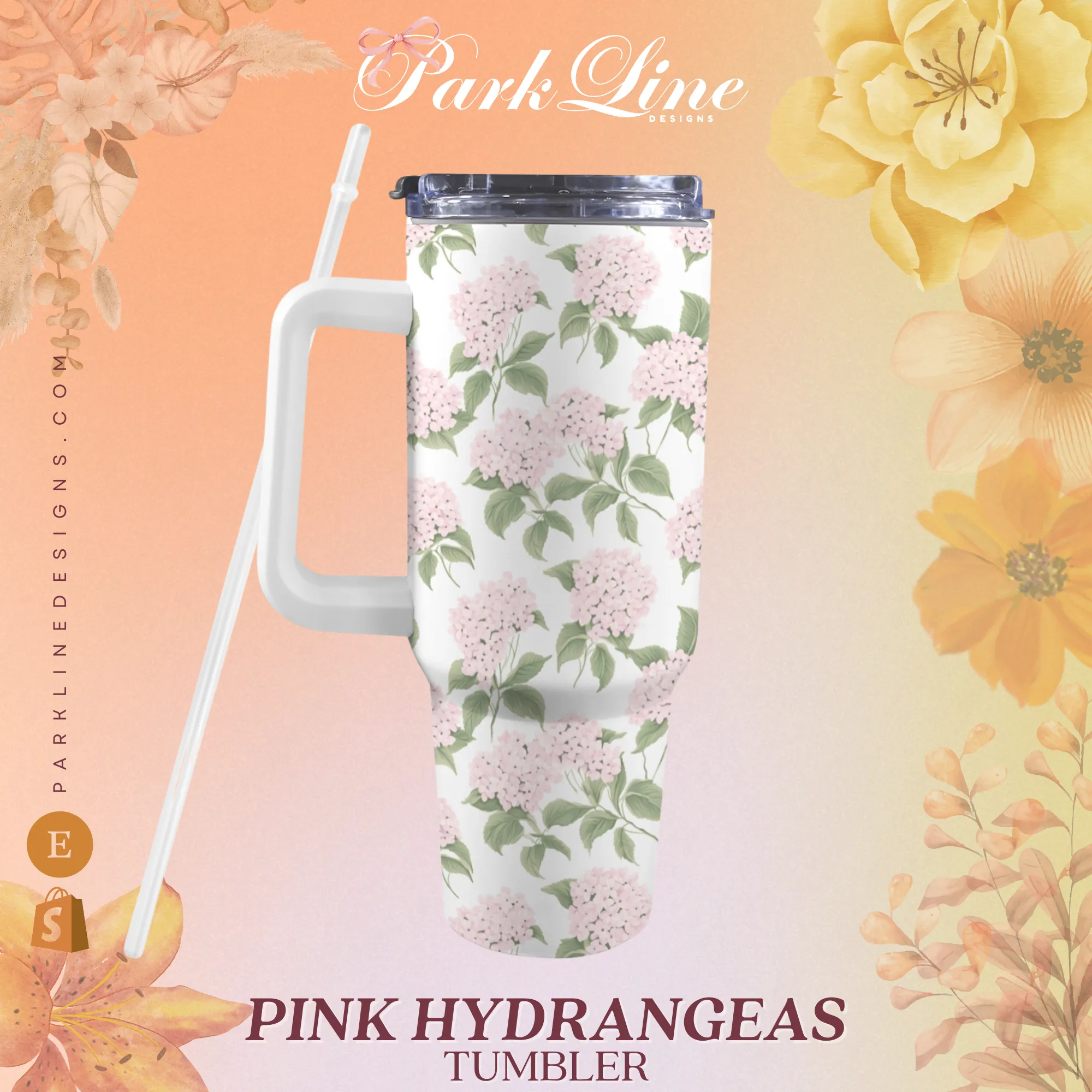 Pink Hydrangea 40oz Tumbler | Classic Floral Seamless Design | Insulated Travel Cup | Perfect Gift for Her | Reusable & Stylish Drinkware