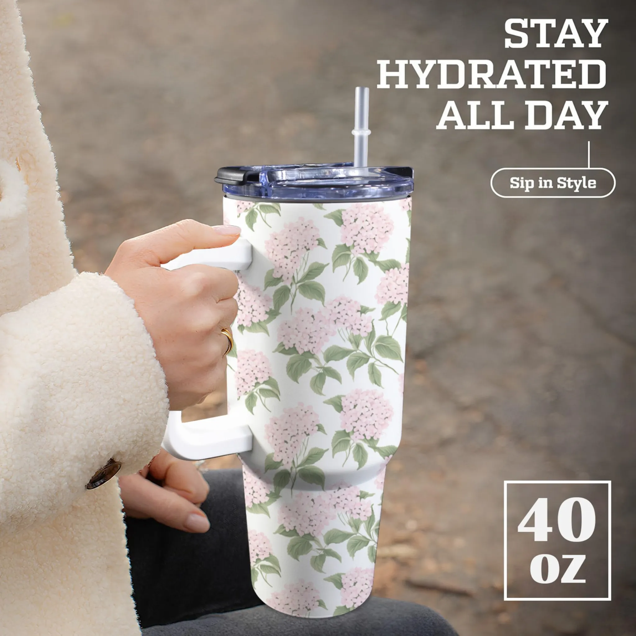 Pink Hydrangea 40oz Tumbler | Classic Floral Seamless Design | Insulated Travel Cup | Perfect Gift for Her | Reusable & Stylish Drinkware