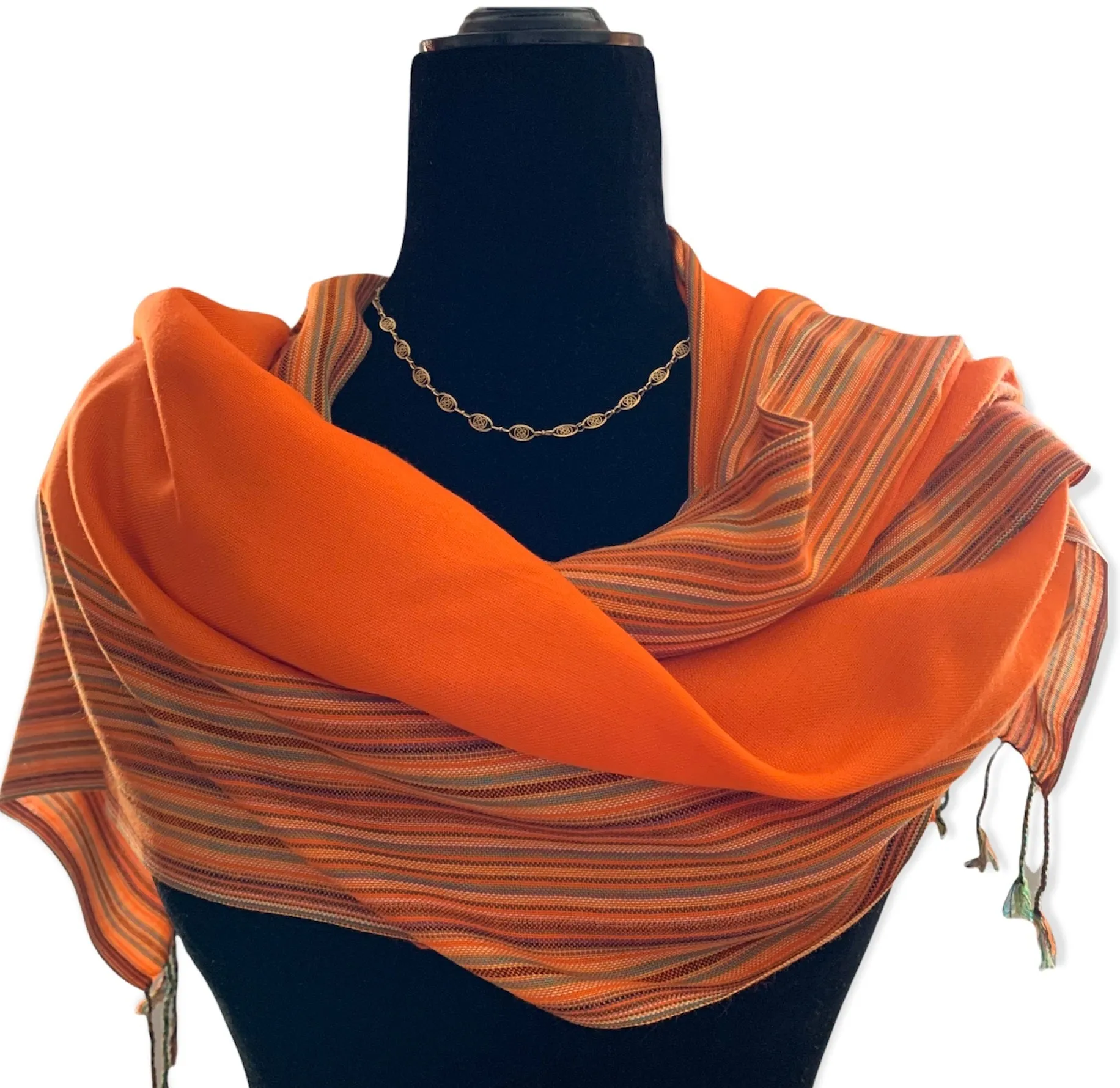 Striped-frame Handwoven Scarf - Dahlia Orange