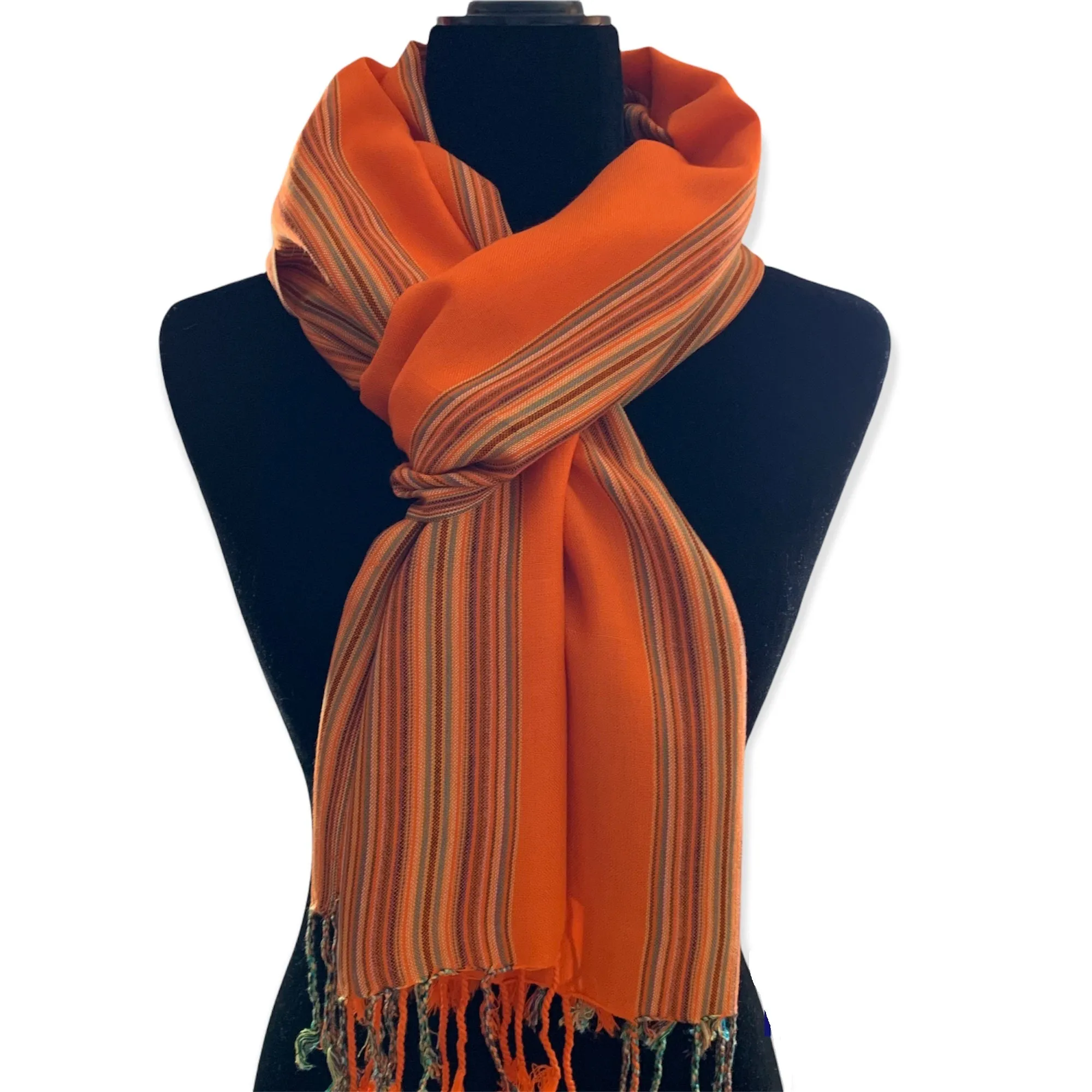 Striped-frame Handwoven Scarf - Dahlia Orange