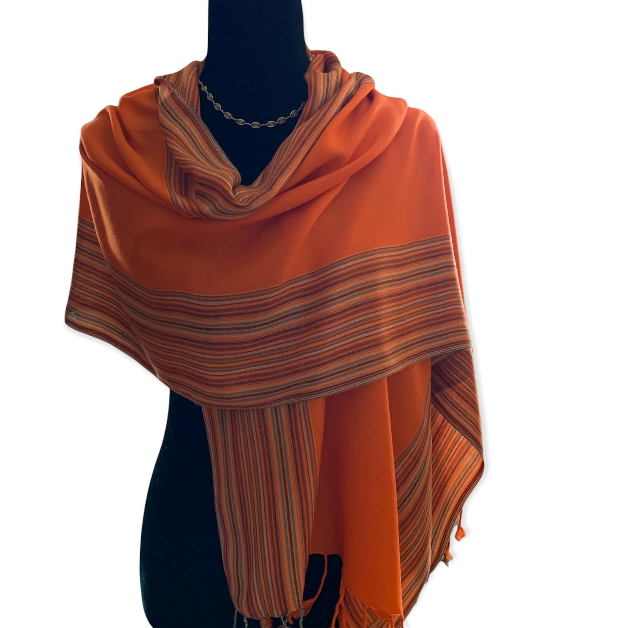 Striped-frame Handwoven Scarf - Dahlia Orange
