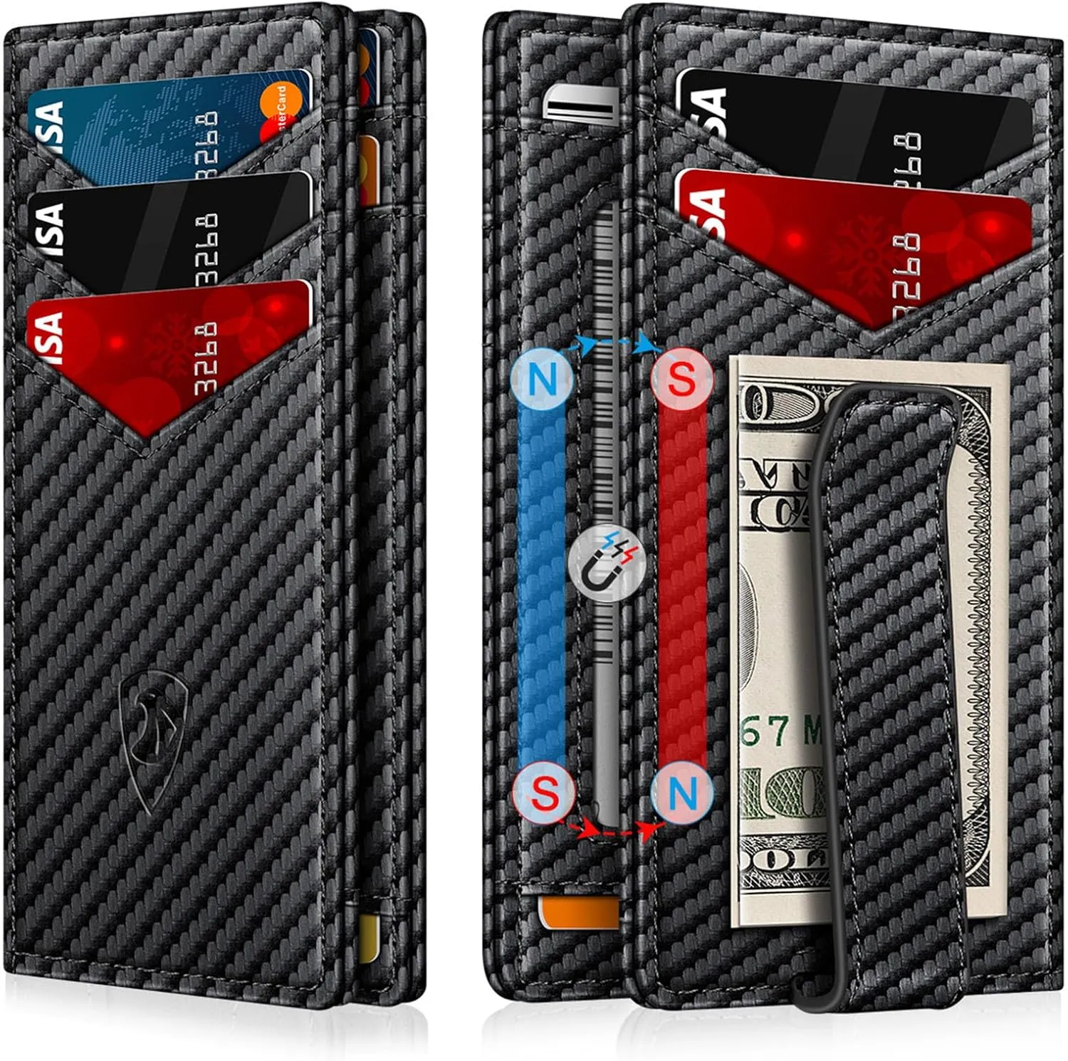 Wallet for Men Slim Leather Wallets for 12-15 Cards, Minimalist Thin RFID Blocking Card Holder with Money Clip & ID Window, Small Bifold Front Pocket Wallet, Gifts for Men