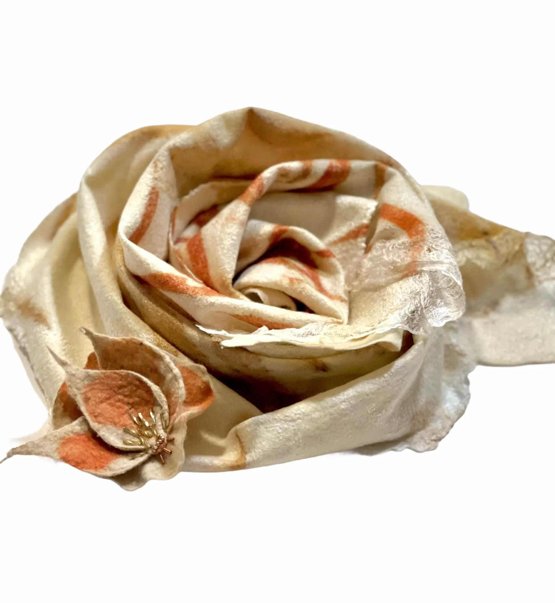 White Handmade Felted Scarf with Eco print for Women