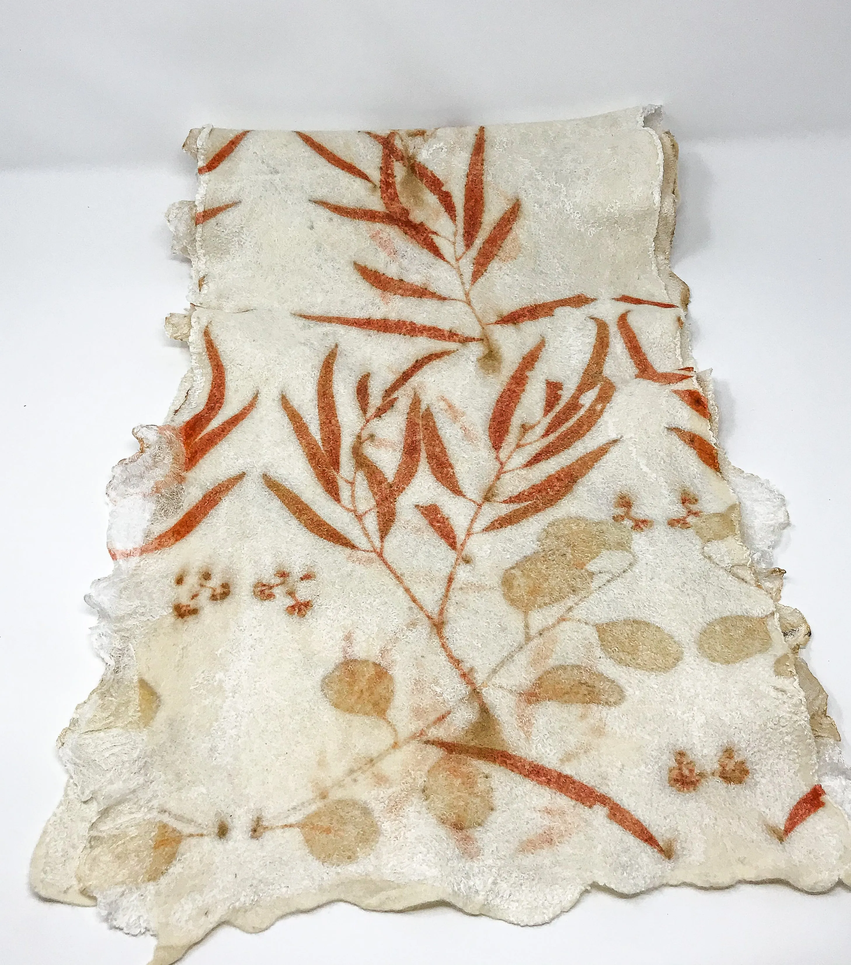 White Handmade Felted Scarf with Eco print for Women