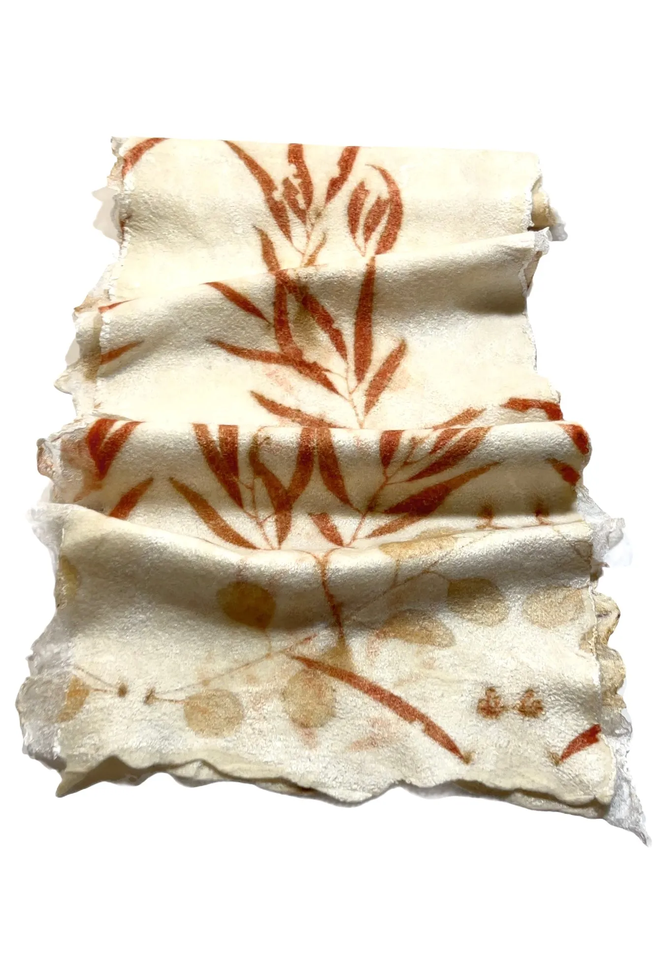 White Handmade Felted Scarf with Eco print for Women
