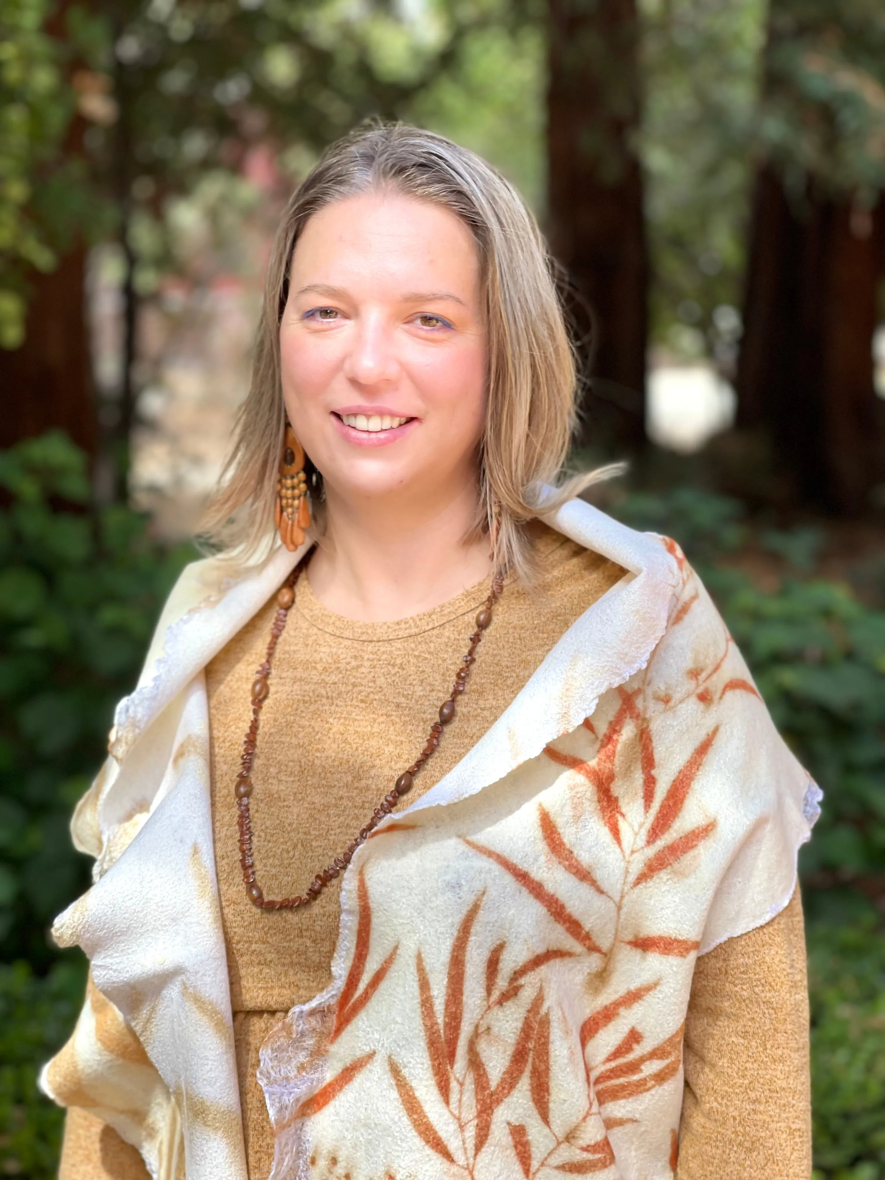 White Handmade Felted Scarf with Eco print for Women