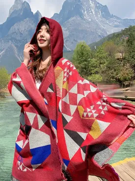 Women Spliced Hooded Shawl